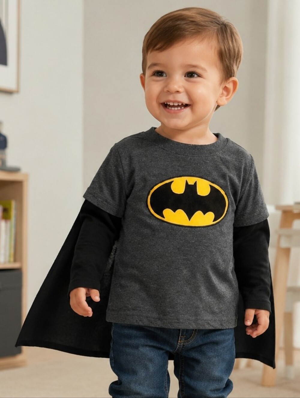 Batman Tee Toddler Boys 2T Gray Layered Long sleeve T-shirt & Black Velcro Cape